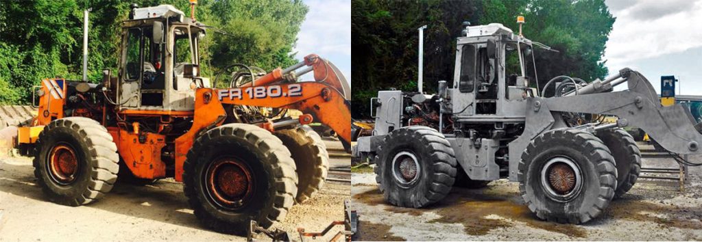 Before and After Dustless Blasting Heavy Equipment Tractor